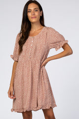 Mauve Printed Button Front Ruffle Trim Babydoll Dress