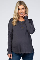 Charcoal Ribbed Button Front Round Hem Maternity Top