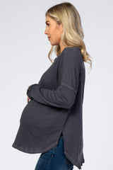 Charcoal Ribbed Button Front Round Hem Maternity Top