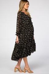 Black Floral Chiffon Tiered Maternity Midi Dress