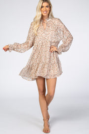 Cream Floral Chiffon Ruffle Hem Dress