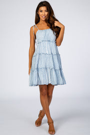 Light Blue Floral Shoulder Tie Ruffle Tiered Dress