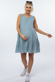 Blue Swiss Dot Tiered Maternity Dress