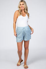 Light Blue Striped Fringe Hem Drawstring Maternity Shorts