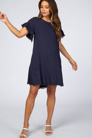 Navy Frayed Trim Back Keyhole Linen Maternity Dress