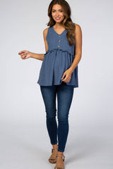 Blue Waffle Knit Peplum Sleeveless Maternity Top