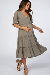 Light Olive Button Tiered Maternity Dress