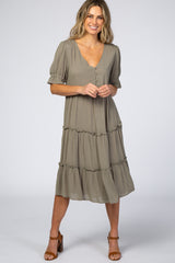 Light Olive Button Tiered Maternity Dress