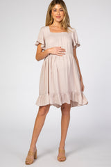 Light Taupe Tiered Ruffle Maternity Dress