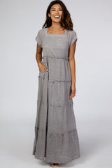 Grey Tiered Square Neck Maternity Maxi Dress