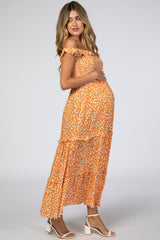 Orange Floral Ruffle Smocked Maternity Maxi Dress