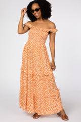 Orange Floral Ruffle Smocked Maternity Maxi Dress