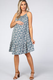 Blue Floral Tie Strap Maternity Dress