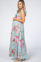 Light Olive Floral Ruffle Accent Maternity Maxi Dress