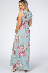 Light Olive Floral Ruffle Accent Maternity Maxi Dress