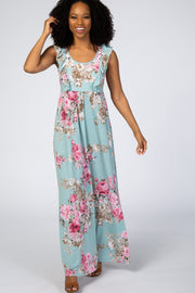 Light Olive Floral Ruffle Accent Maxi Dress