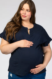 Navy Blue V-Neck Ruffle Short Sleeve Maternity Plus Top