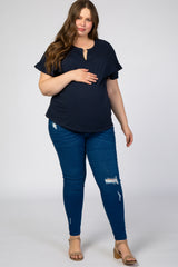 Navy Blue V-Neck Ruffle Short Sleeve Maternity Plus Top