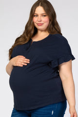 Navy Blue V-Neck Ruffle Short Sleeve Maternity Plus Top