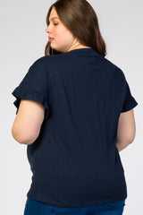 Navy Blue V-Neck Ruffle Short Sleeve Maternity Plus Top