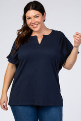 Navy Blue V-Neck Ruffle Short Sleeve Plus Top