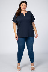 Navy Blue V-Neck Ruffle Short Sleeve Plus Top