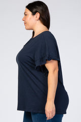 Navy Blue V-Neck Ruffle Short Sleeve Plus Top