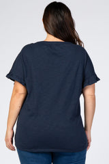 Navy Blue V-Neck Ruffle Short Sleeve Plus Top