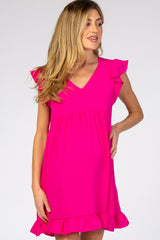 Fuchsia Ruffle Hem V-Neck Maternity Dress