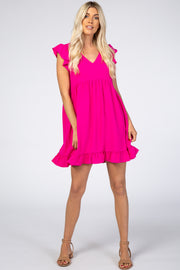 Fuchsia Ruffle Hem V-Neck Dress