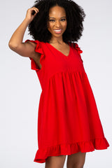 Red Ruffle Hem V-Neck Dress