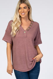 Mauve Waffle Knit Button Front V-Neck Top