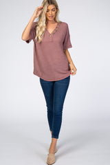 Mauve Waffle Knit Button Front V-Neck Top