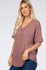 Mauve Waffle Knit Button Front V-Neck Top