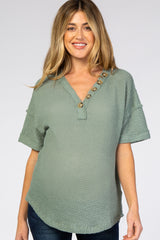 Light Olive Waffle Knit Button Front V-Neck Maternity Top