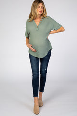 Light Olive Waffle Knit Button Front V-Neck Maternity Top