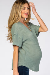 Light Olive Waffle Knit Button Front V-Neck Maternity Top