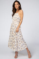 Cream Floral Halter Neck Midi Dress