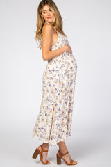 Cream Floral Halter Neck Maternity Midi Dress