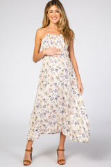 Cream Floral Halter Neck Maternity Midi Dress