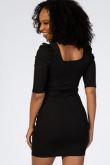 Black Ribbed Puff Sleeve Fitted Dress