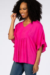 Fuchsia Ruffle Dolman Sleeve V-Neck Top