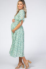 Mint Green Floral Tie Sleeve Maternity Midi Dress