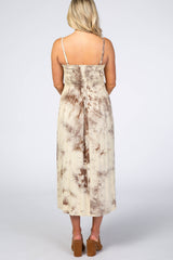 Mocha Cream Tie Dye Smocked Maternity Midi Dress