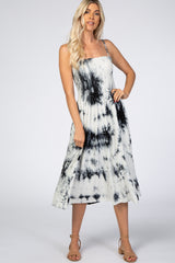 White Black Tie Dye Smocked Midi Dress