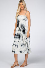 White Black Tie Dye Smocked Midi Dress