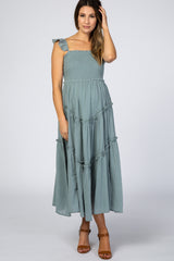 Light Olive Smocked Ruffle Accent Maternity Dress