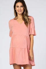 Pink Tiered Ruffle Sleeve Maternity Dress