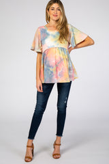 Multi Colored Tie Dye Crochet Trim Short Sleeve Maternity Top