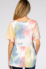 Multi Colored Tie Dye Crochet Trim Short Sleeve Maternity Top